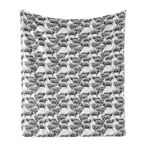 Cattle Soft Flannel Fleece Throw Blanket, Vintage Engraved Style Herd of Sheep and Lamb with Fur on White Background, Cozy Plush for Indoor and Outdoor Use, 50" x 70", Black and White, by Ambesonne