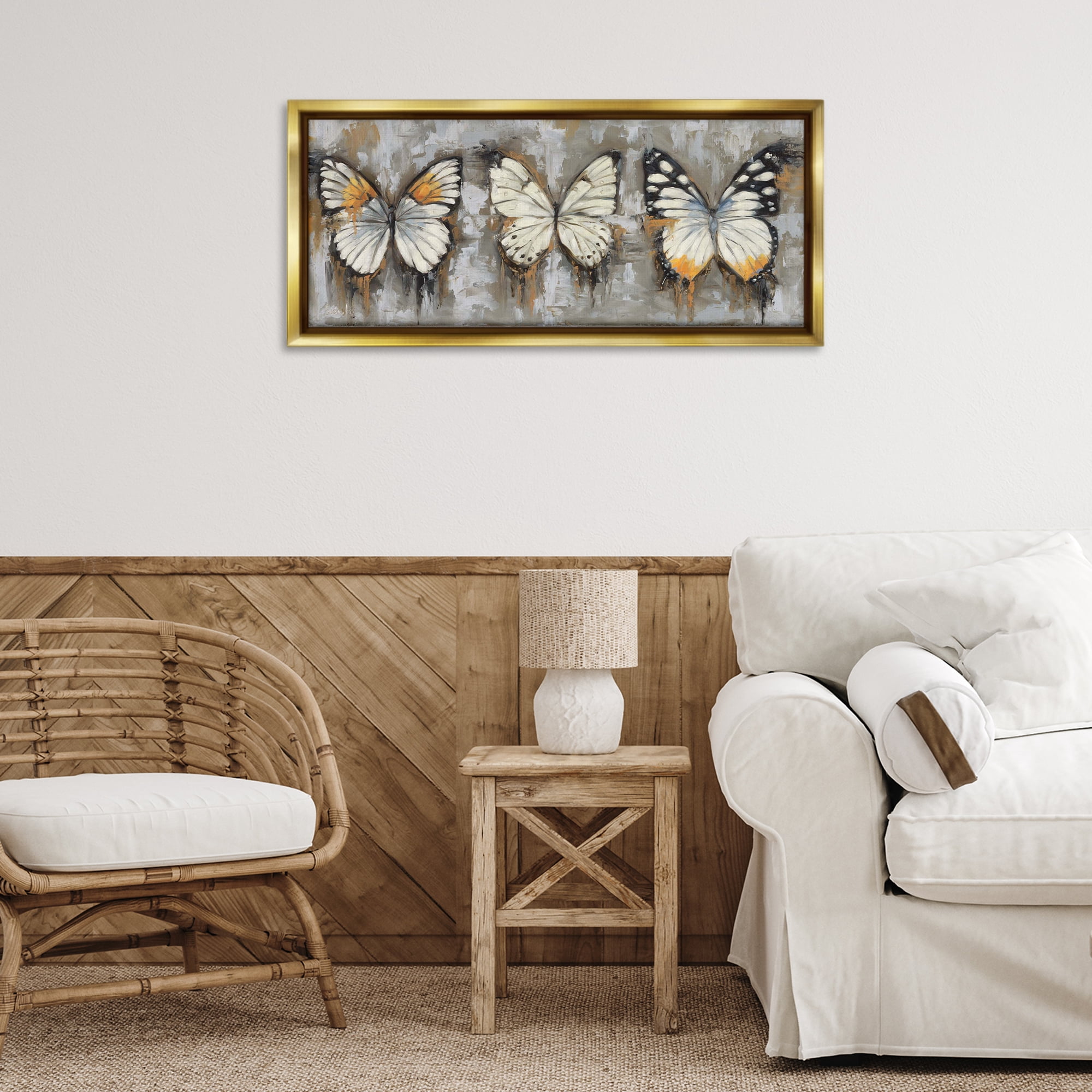 Stupell Industries Stylized Modern Butterflies Animals Painting Gold Floater Framed Canvas Art Print Wall Art, 31 x 14