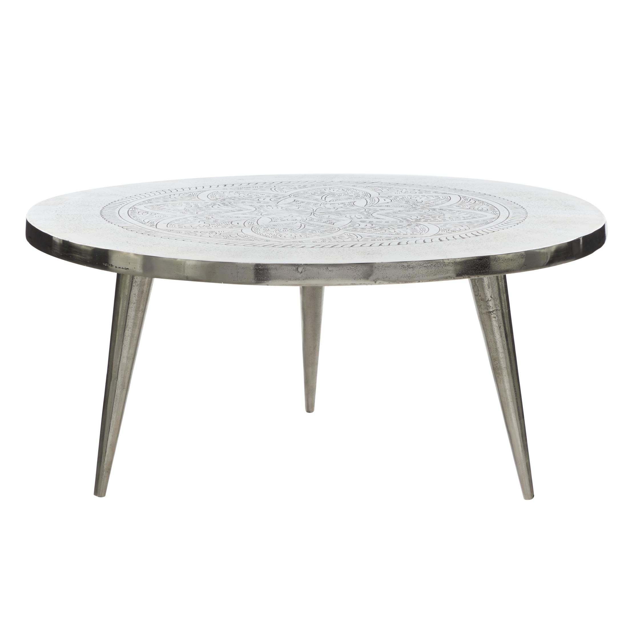 DecMode Traditional Aluminum Round Coffee Table with Etched Lotus Embled Design and Polished Silver Finish, 35"W x 16"H