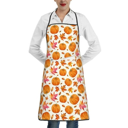 

Qekee Orange Autumn Leaves Print Adjustable Bib Apron Resistant with Pocket Cooking Kitchen Aprons for Women Men Server Chef Apron
