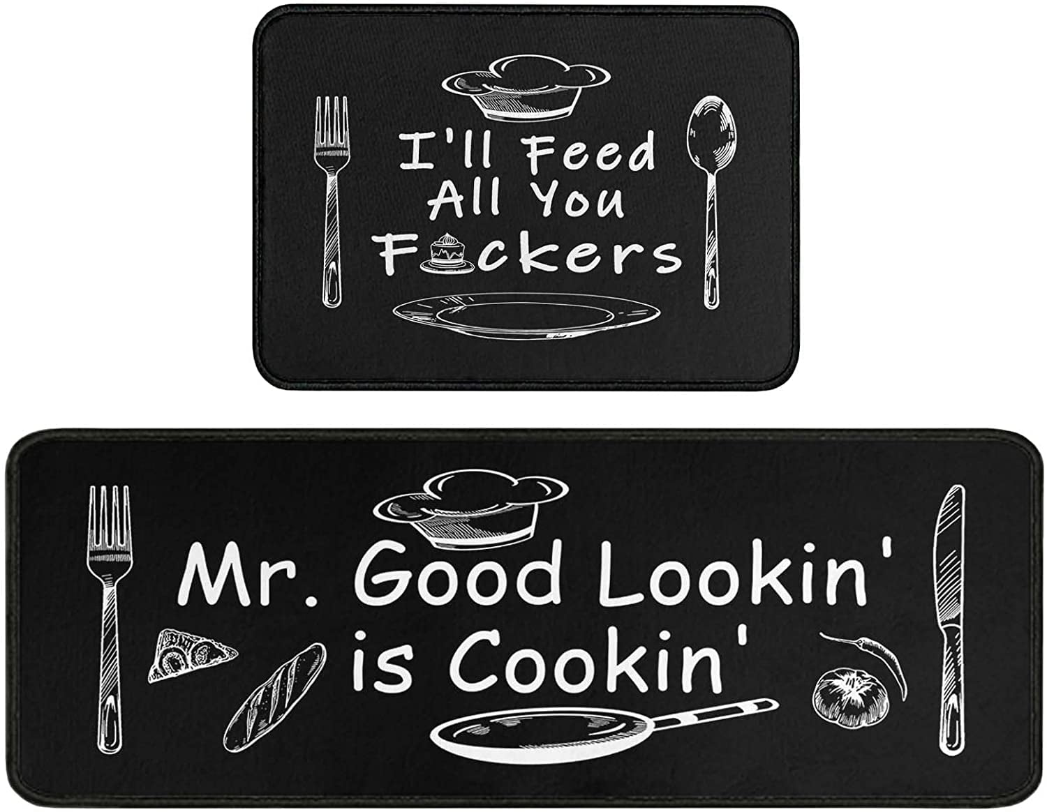 2 Piece Kitchen Mats for Floor Non Slip Black Kitchen Rug Set
