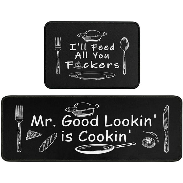 2 Piece Kitchen Mats for Floor Non Slip Black Kitchen Rug Set
