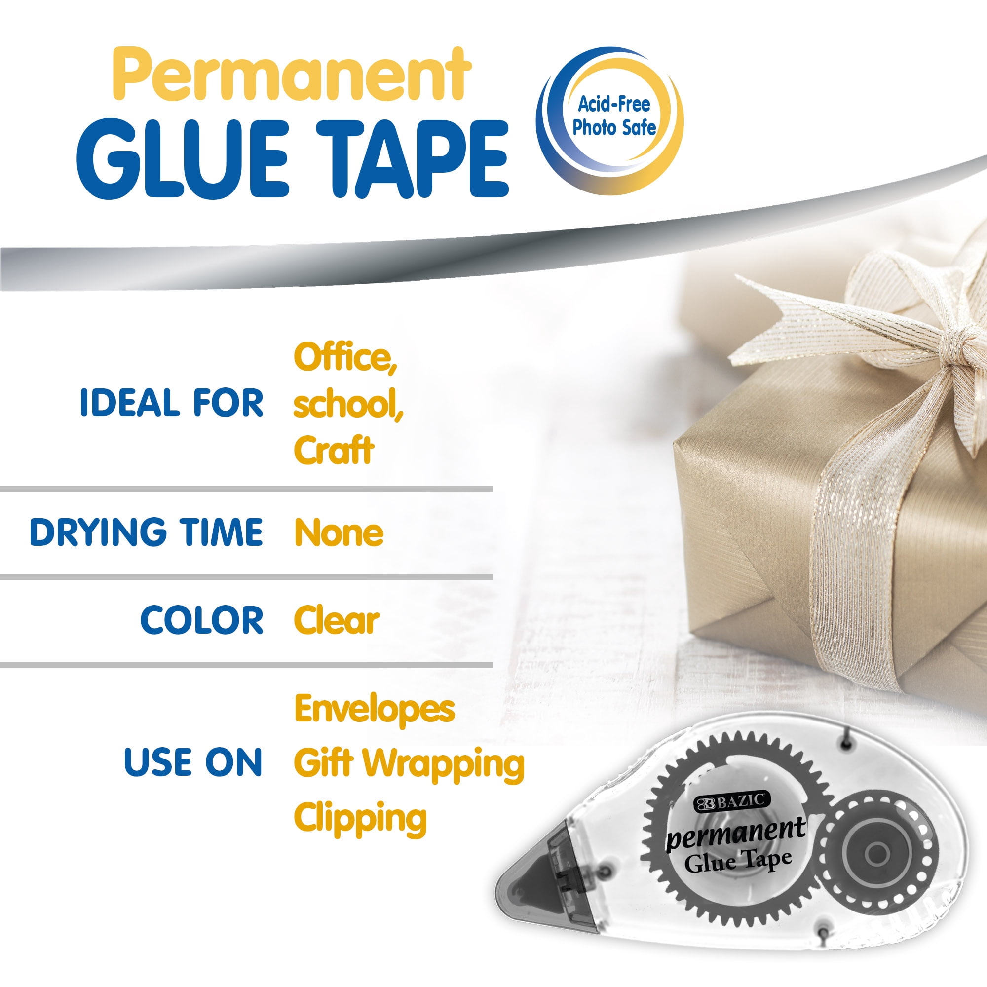 BAZIC Permanent Glue Tape 8 mm x 8.75 Yard, Double Sided Roller Tapes, 24-Pack