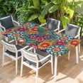 thumbnail image 2 of Boho Teal Flower Table Cloths for 5 Foot Rectangle Tables, Spring Bohemia Chic Red Yellow Floral Patio Waterproof Elastic Fitted Tablecloths, Washable Rectangular Table Cover for Camping, 2 of 8