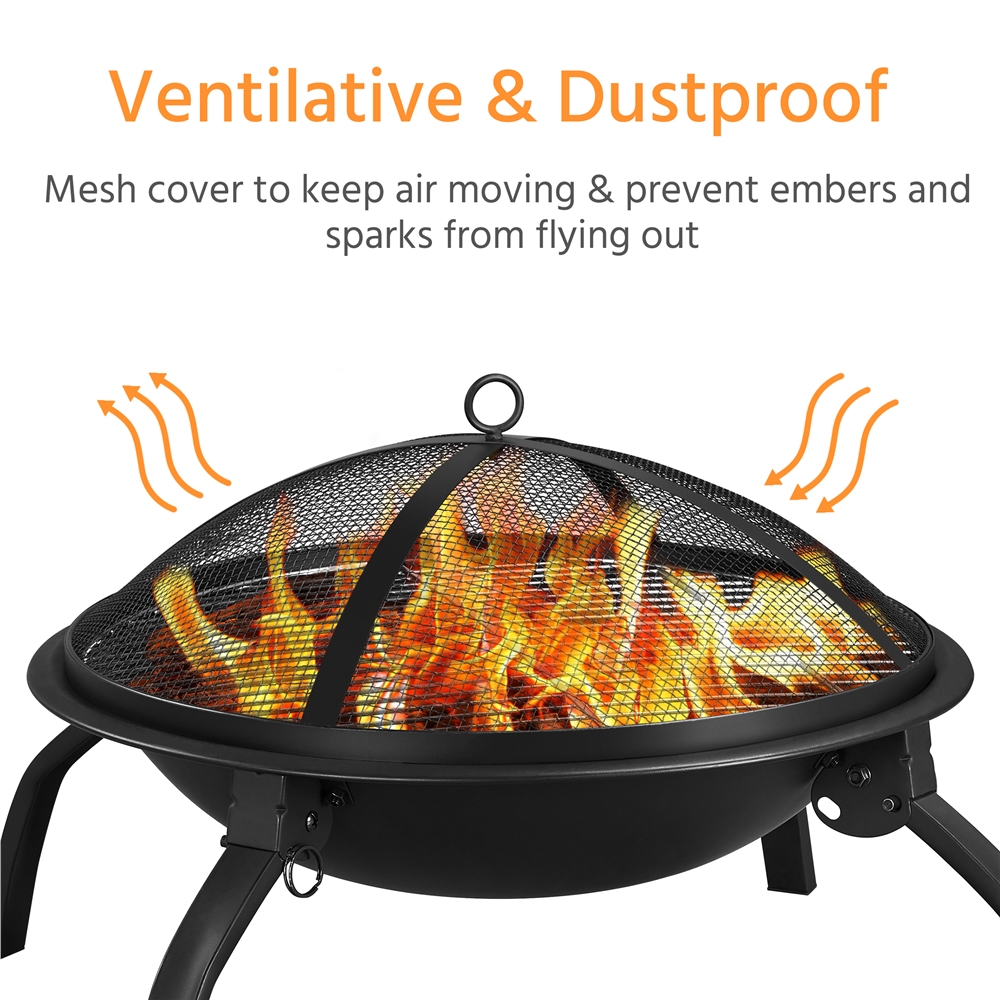 Topeakmart 22'' Round Iron Fire Pit Portable Outdoor Firepit with Mesh Lid  Wood Grate Cooking Grill Fire Poker Carrying Bag, Black