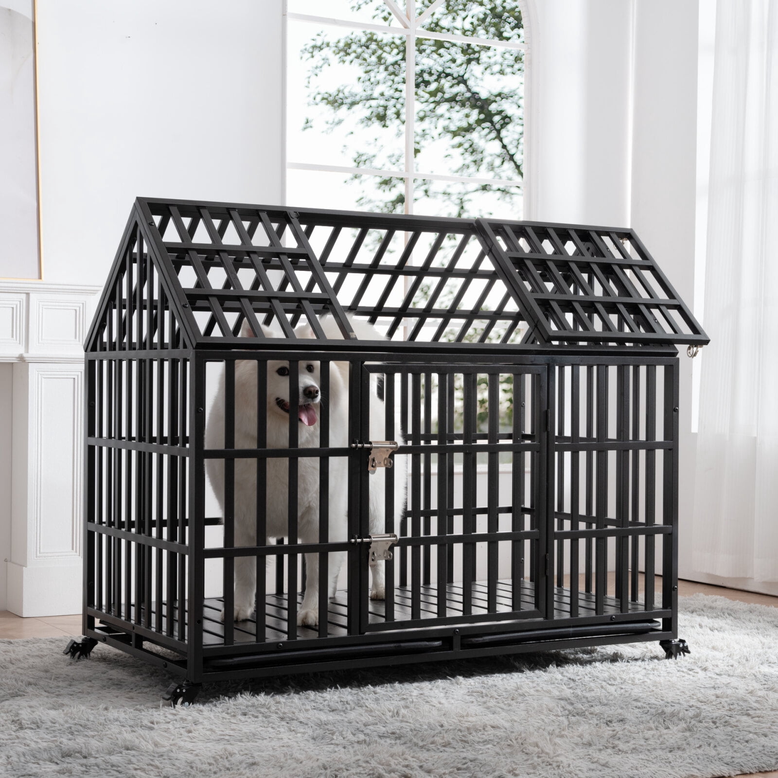 52" Heavy Duty Dog Crate Large Dog Cage with Removable Trays and Dual-Door Design, Metal Dog Kennels and Crates for Large Dogs with 4 Lockable Wheels, Black