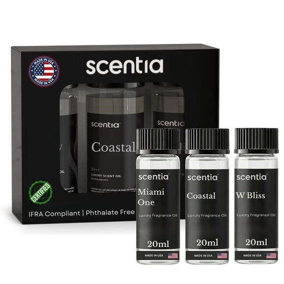 Scentia 5-Star Resort Inspired Fragrance Diffuser Oil Set – Premium Aromatherapy Oils (Miami One, W Bliss & Coastal), 20 ml Each, 3-Pack – Inspired by Luxury Hotel Stays