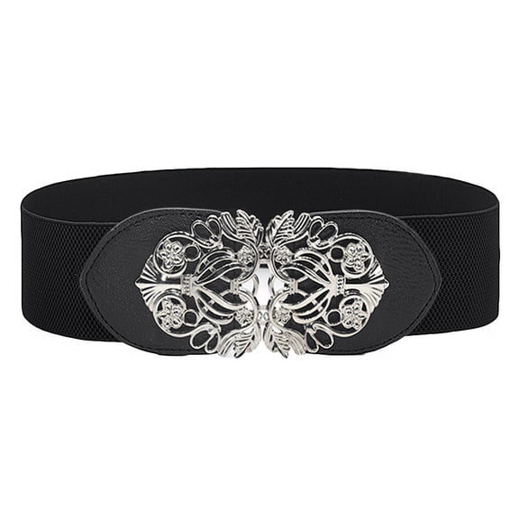 Womens Wide Elastic Waist Belt with Engraved Hook Buckle – Stretch Cinch Belt for Dresses Coats Sweaters and Tunics – Retro Fashion Waistband for Women Black
