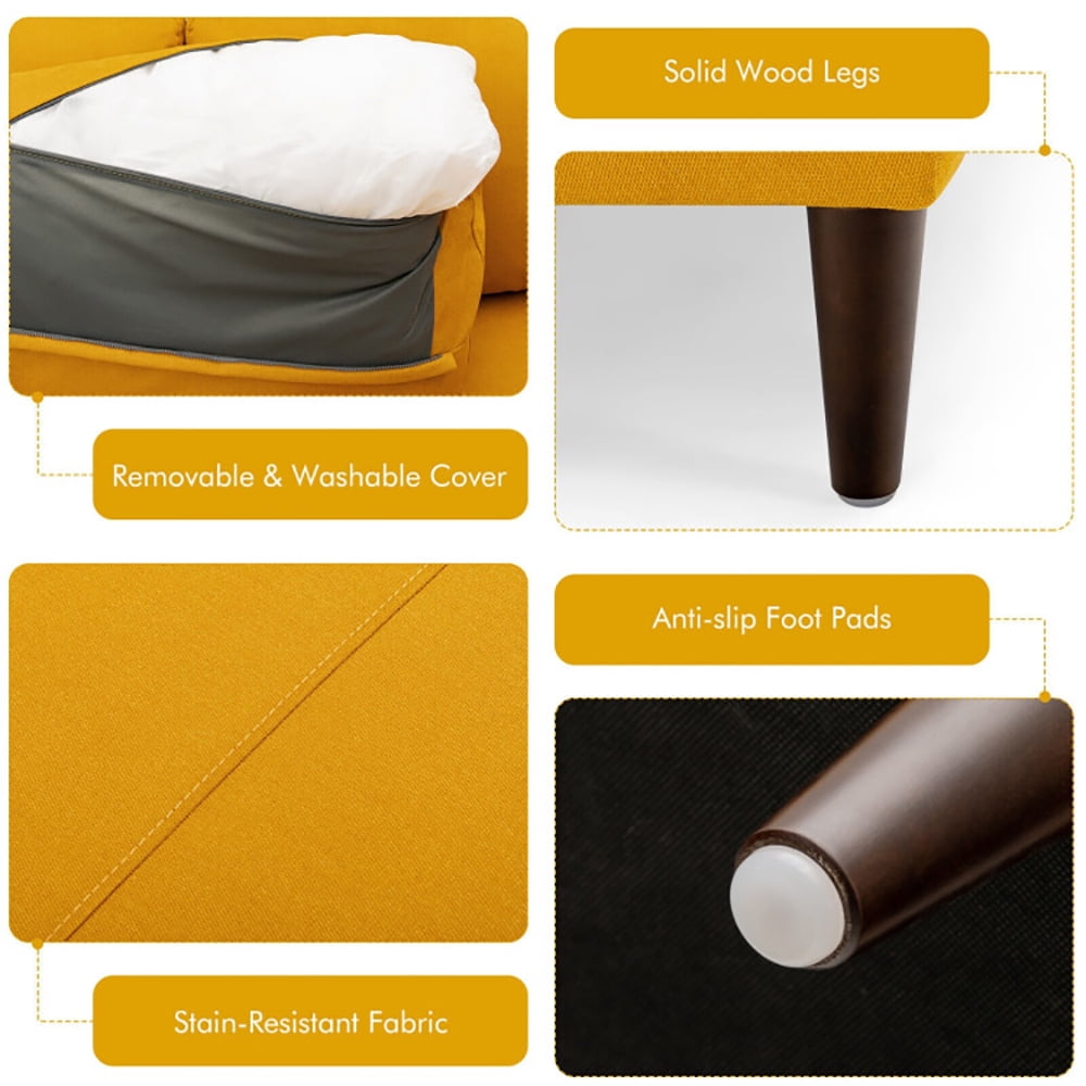 Finihen L-Shaped Sectional Sofa Couch, Sofa Bed, Convertible L-Shaped Fabric Sectional Sofa with Chaise Lounge and Solid Wood Legs, for Living Room, Yellow Finihen L-Shaped Sectional Sofa Couch, Sofa Bed, Convertible L-Shaped Fabric Sectional Sofa with Chaise Lounge and Solid Wood Legs, for Living Room, Yellow