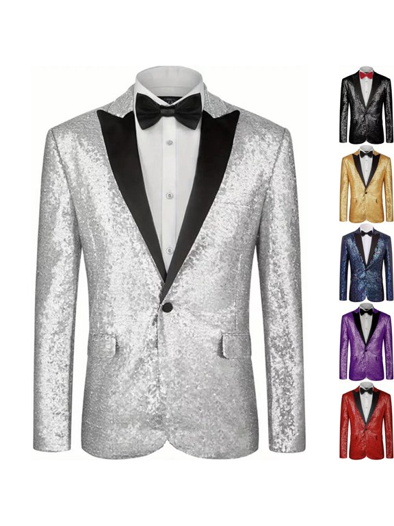 Mens Shiny Sequin Blazer One Button Peak Lapel Jacket Tuxedo Sportcoat Glitter Dress Coat with Pockets for Party Nightclub Stage Performance, Silver, L