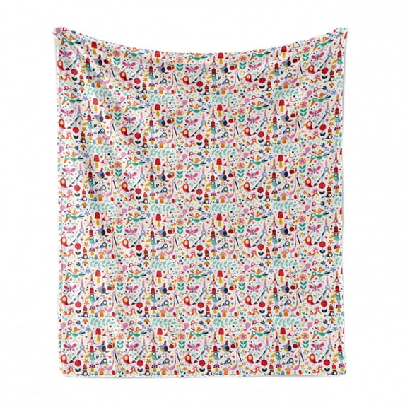 Birds Soft Flannel Fleece Blanket, Funny Birds with Hats Smiling Baby Mushrooms Flowers Creative Children Modern Doodle, Cozy Plush for Indoor and Outdoor Use, 70" x 90", Multicolor, by Ambesonne