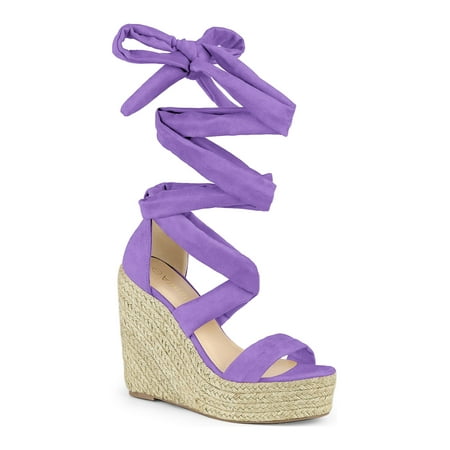 BLISSFUL STEP Women s Shoes Faux Suede Platform Wedge Heel Lace Up Open Toe Sandals Purple 7.5
