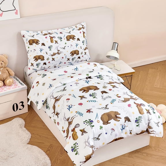 Kids Comforter Sets Twin 4 Pieces Cartoon Woodland Animal Print Bedding for Boys Girls Soft Reversible Bear Deer Forest Theme Children Bedroom Set with Sheets for All Season Use