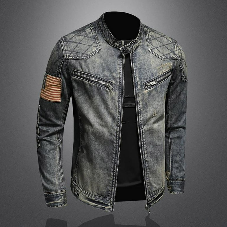 SCSAlgin Men's Distressed Denim Jacket American Flag