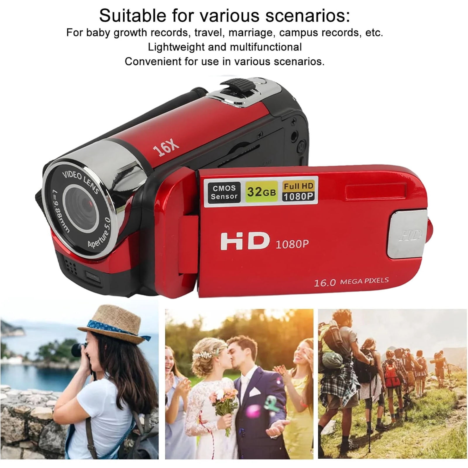Portable Full HD 1080P High Definition Digital Video Camera, DV Camcorder Camera Recorder, 16MP 2.7 Inch LCD Screen 16X Digital Zoom, 270° Rotation, Red