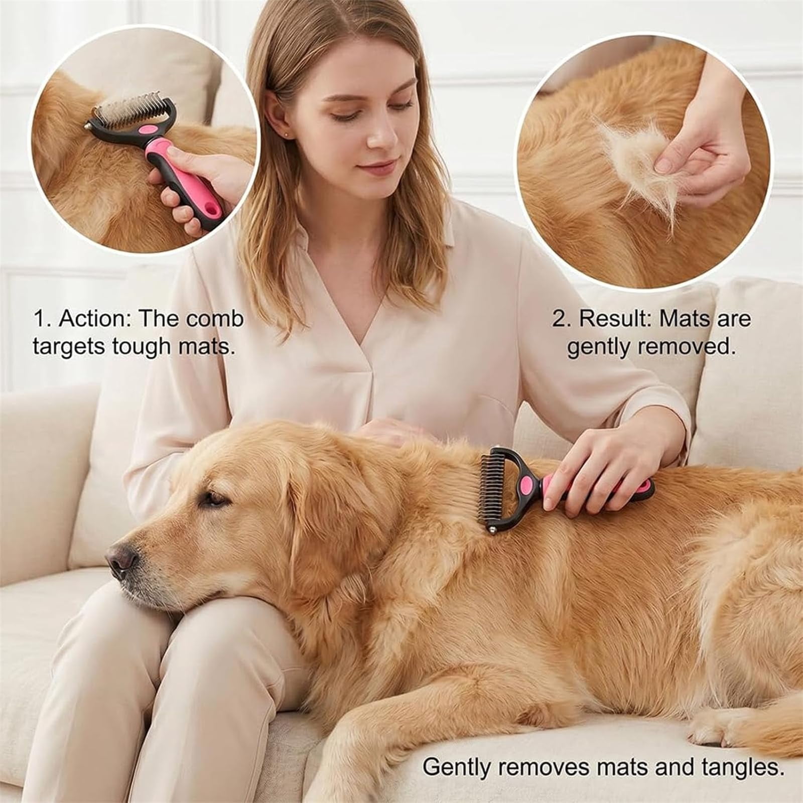 Pet Pro Grooming Tool, 2-in-1 Deshedding Dog Brush with 9/17 Teeth Undercoat Rake for Dogs & Cats, Dual-Sided Stainless Steel Pet Comb for Long Hair & Thick Coats, Non-Slip Ergonomic Handle (Blue-L)