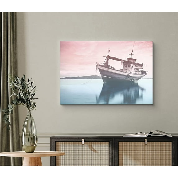 PixonSign Canvas Print Wall Art Film Grain Pink & Teal Boat Reflection Marine Life Ocean Photography Realism Modern Scenic Colorful Multicolor Duotone for Living Room, Bedroom, Office - 12"x18"