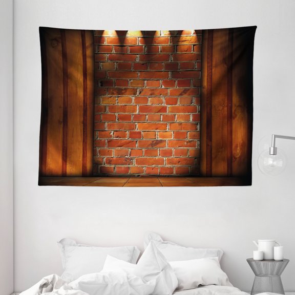 Modern Decor Tapestry, Wall Semidarkness Brickwork Indoors Concept Shady Empty Country Home, Wall Hanging for Bedroom Living Room Dorm Decor, 80W X 60L Inches, Orange Dark Orange, by Ambesonne