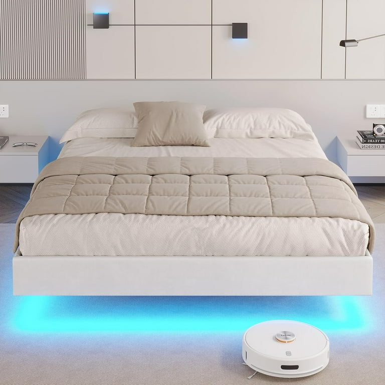 Queen Size Floating Bed Frame with LED Lights Upholstered Platform Bed Frame No Headboard No Box Spring Needed White Walmart