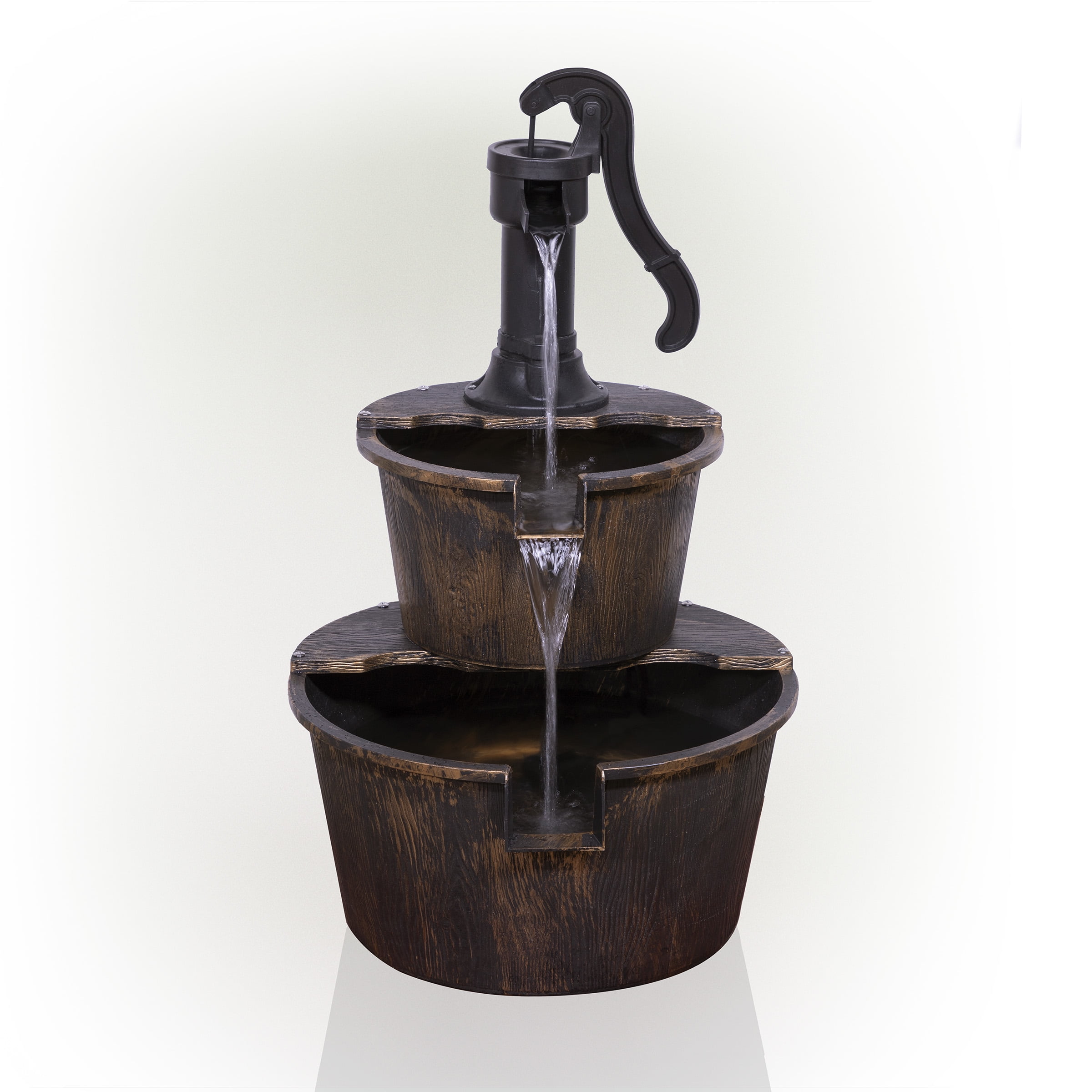 Alpine Corporation 27" Two-Tier Barrel & Pump Outdoor Fountain, Bronze