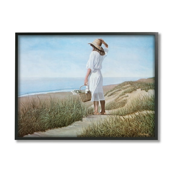 Stupell Industries Woman Enjoying Peaceful Beach Shore Landscape View Painting Black Framed Art Print Wall Art, Design by Tom Mielko