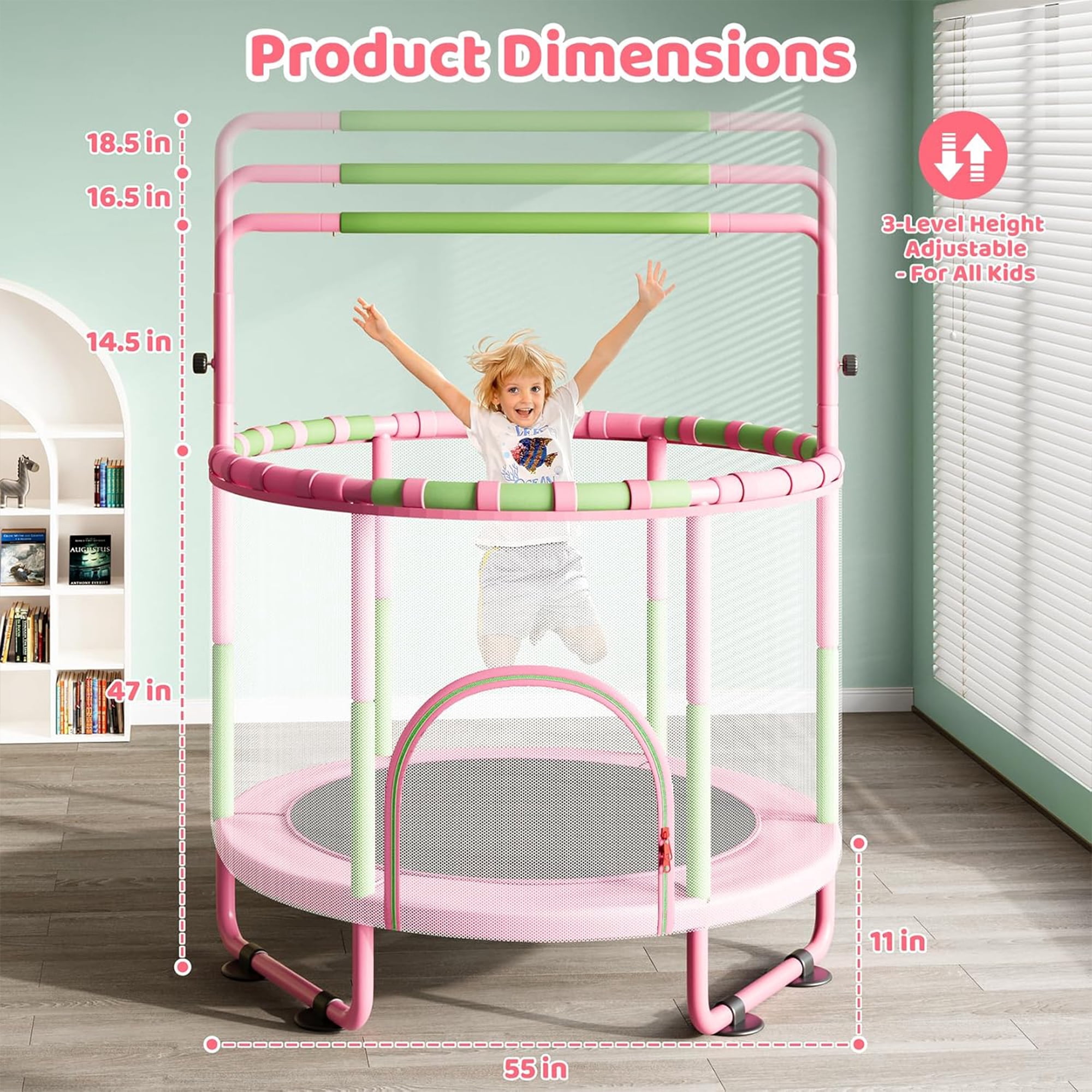 Toremore 55" Trampoline for Kids with Enclosure, 6-in-1 Kid Trampoline Indoor & Outdoor, Toddle Trampoline with Adjustable Gymnastics Bars, Pink