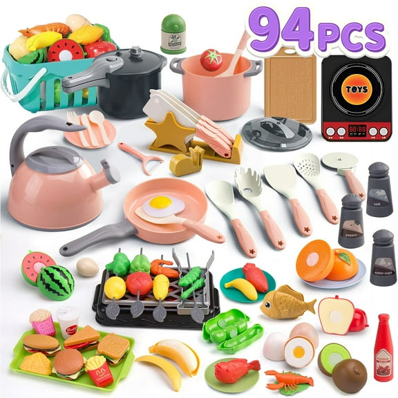 KOPPOP Toddler Kitchen Set - Educational Cooking Toys for Kids Ages 3 with 20 Play Food, Toy Kitchen Accessories, Realistic Pots, Pans & Magic-Stick Vegetables.
