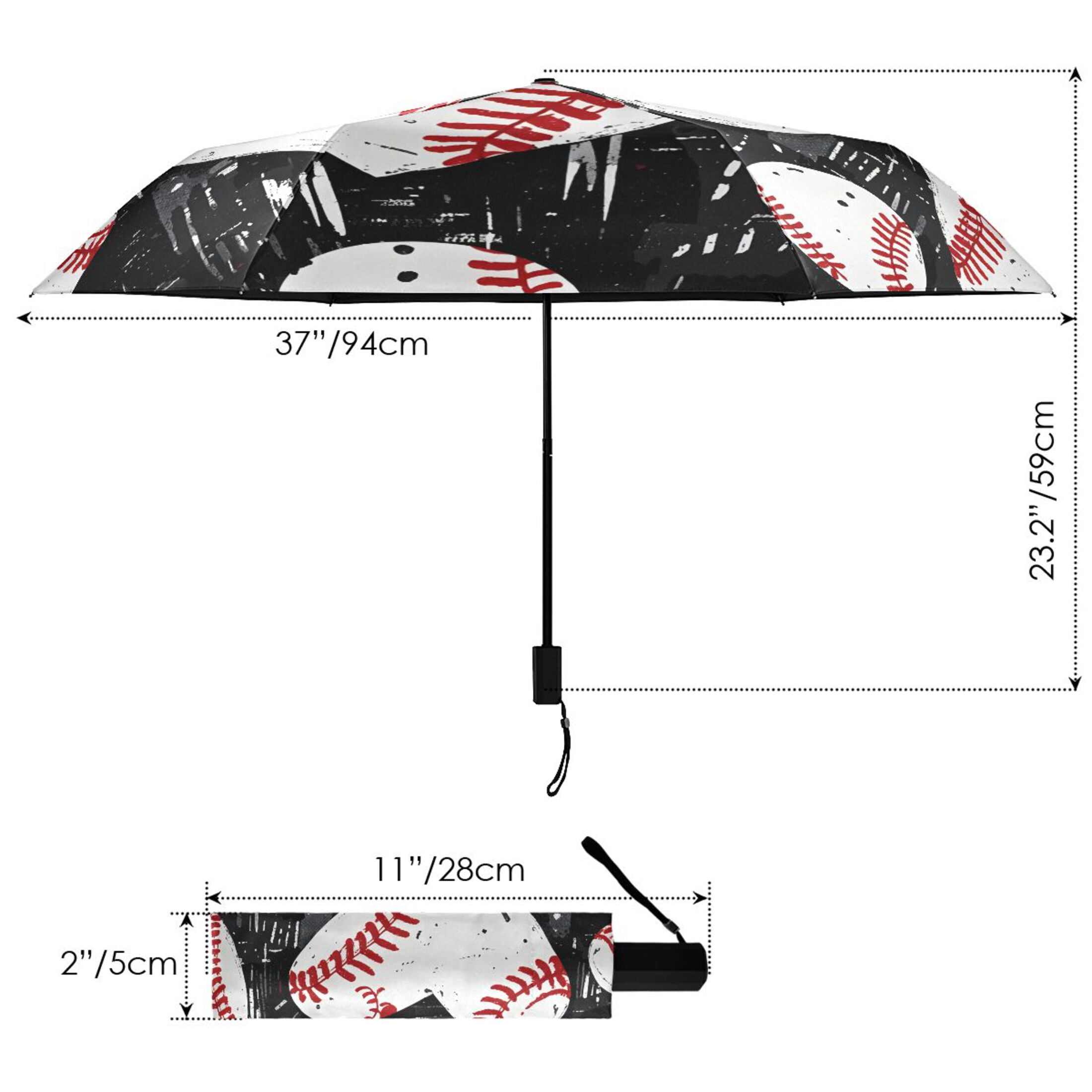 ALAZA Baseball Hearts UPF 50+ Compact Folding Umbrella for Rain Travel Umbrella Packable