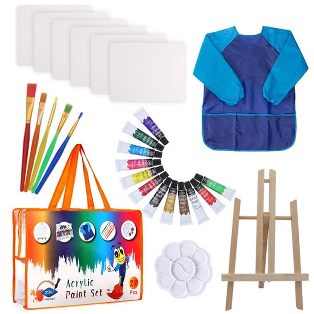 Amdohai 27Pcs Kids Art Drawing Set 12 Vibrant Colors Acrylic Paint with 5 Brushes/Paint Palette/Easel/Painting Smock Color Mixing Chart for Kids/Teens/Beginners
