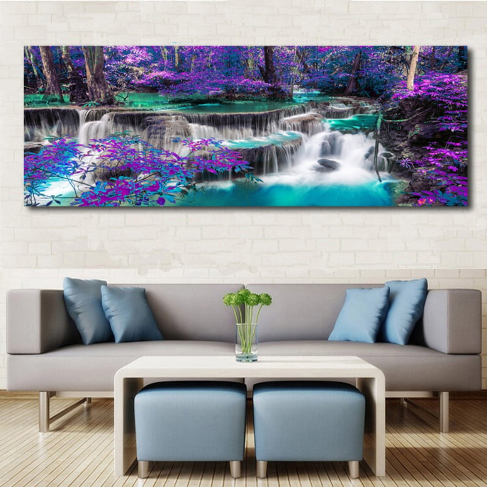 Waterfall Canvas Wall Art Purple Trees Forest Landscape Painting Picture Prints Black and White Purple Bathroom Bedroom Decoration Unframed 15.7*47.2 Inch