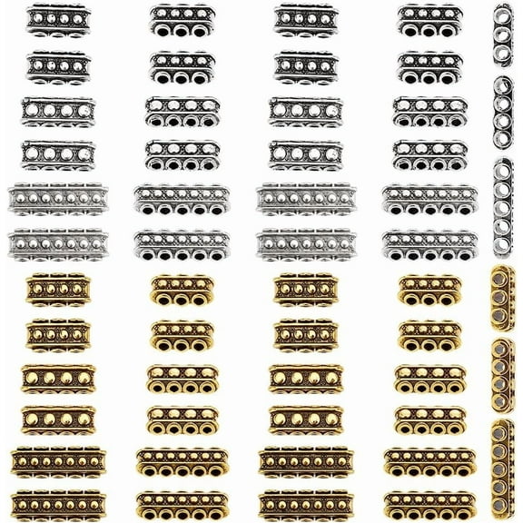 60 Pcs 6 Styles 2 Colors Multi Hole Metal Bar Spacers Links Tibetan Style Rectangle Spacer Bar Link Connectors Multi Strand Separator for Jewelry Making