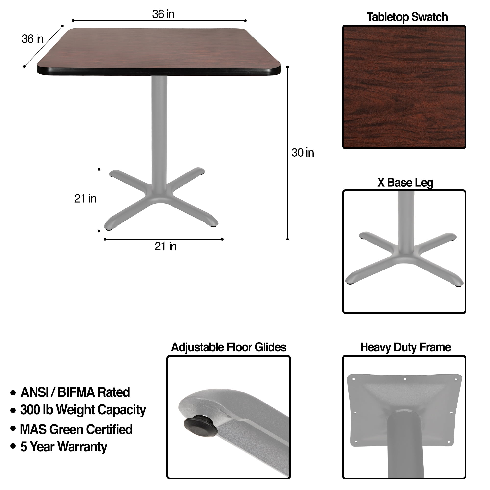 Hampden Furnishings Bennet Collection Steel Frame 36" Square Top, X Base, 30" Height, Cafe Table Grey Frame/Mahogany Top