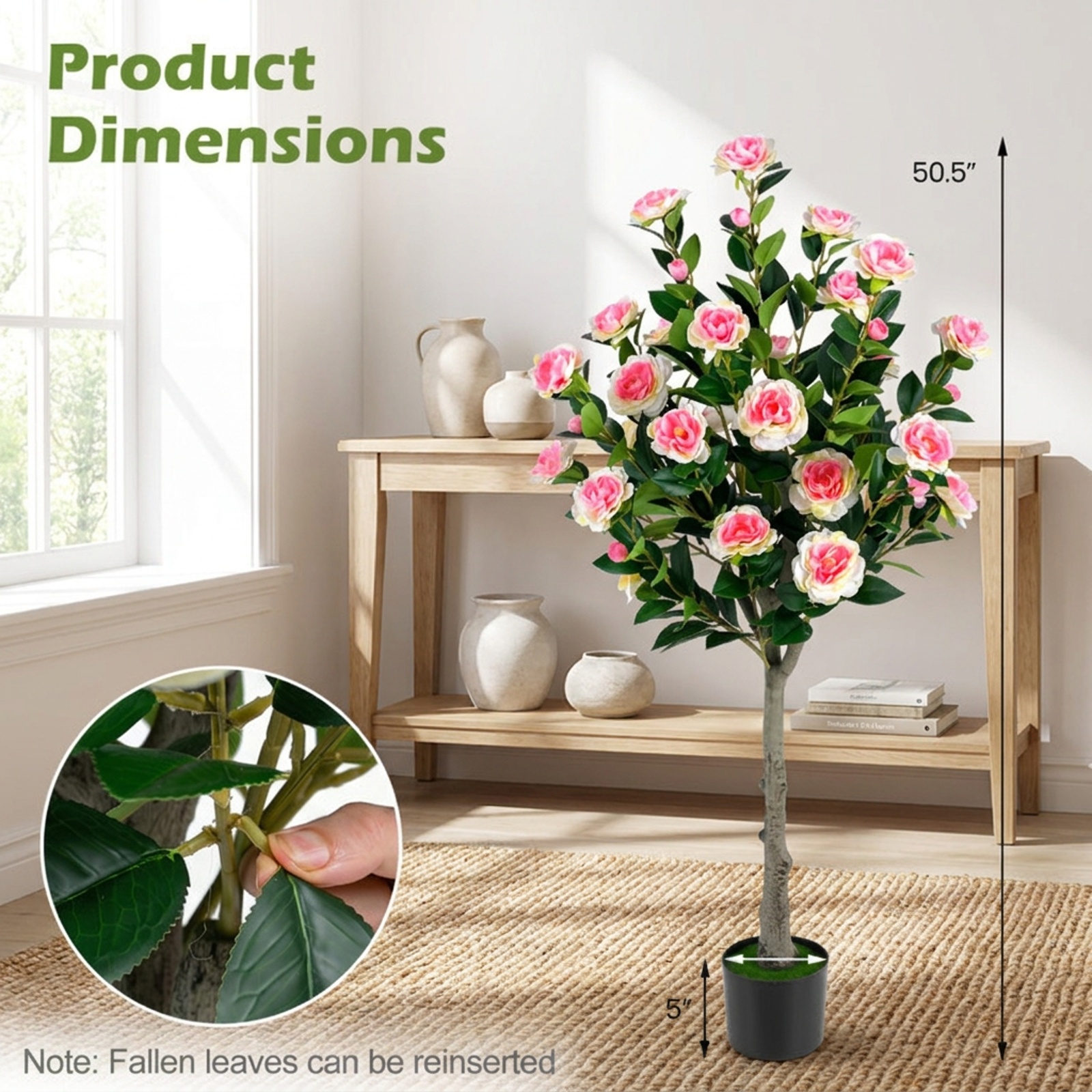 Vebreda Artificial Plant Decor, Artificial Camellia Tree with 27 Blossoms in Cement Pot for Home, Realistic Floral Details, Built to Last