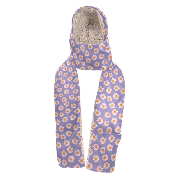BZSMCE 3‑in‑1 Hooded Scarf with Pockets Soft Plush Lined Winter Hat Scarf Gloves Combo Pastel Purple Backgr Pattern Print Warm Neck Wrap for Outdoor Skiing Walking