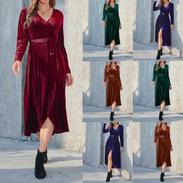 Gspmoly Robes Grande Taille pour Femmes aux Formes, Robe à Manches Longues pour Femmes à Col en V, Tempérament, Ajustée, Taille Haute, avec Gants, Robe, Robes Habillées pour Femmes jusqu'à 70 % de Rabais