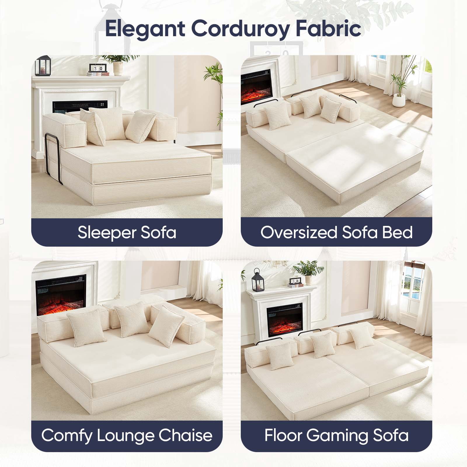 ZAFLY Convertible Sleeper Sofa Bed, Corduroy Boneless Couch with Removable Armrests, Floor Gaming Sofa for Living Room/Small Space, Beige
