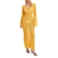 thumbnail image 2 of Kmbangi Femmes Longue Robe en Tricot Couleur Unie Évider Profond V-Cou à Manches Longues Robe Bodycon Tomber Robe de Vacances Sans Dos, 2 of 9