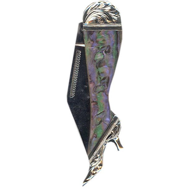 Bar V Ranch Western Mens Knife Engraved Resin Lady Leg Abalone 058127