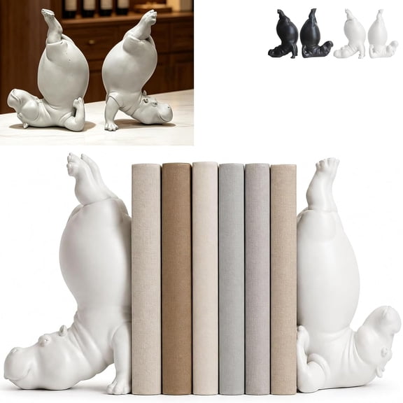 Hippo Bookends, Funny Hippo Resin Bookend for Bookshelf, Animal Book Holder for Home Office Desk Library Shelf Decor, Clumsy Hippopotamus Book Organizer Gift