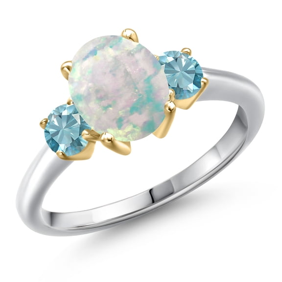 Gem Stone King 10K Two Tone Gold Simulated White Opal and Blue Zircon Engagement Ring for Women | 2.00 Cttw | Oval Cabochon 9X7MM | Gemstone October Birthstone | Size 7