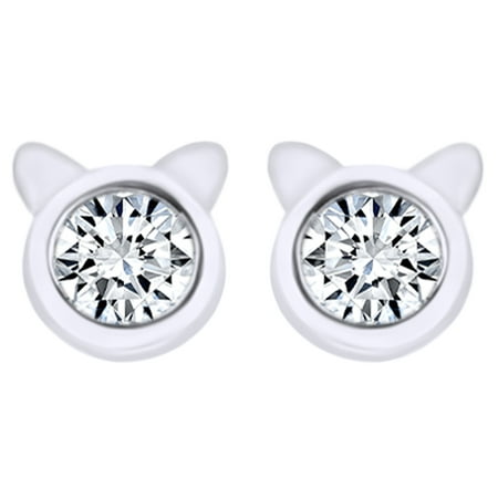 Jewel Zone Us Round Cut Cubic Zirconia Kitty Cat Stud Earrings In Round Cut Cubic Zirconia Kitty Cat Stud Earrings In 14k White Gold Over Sterling Silver