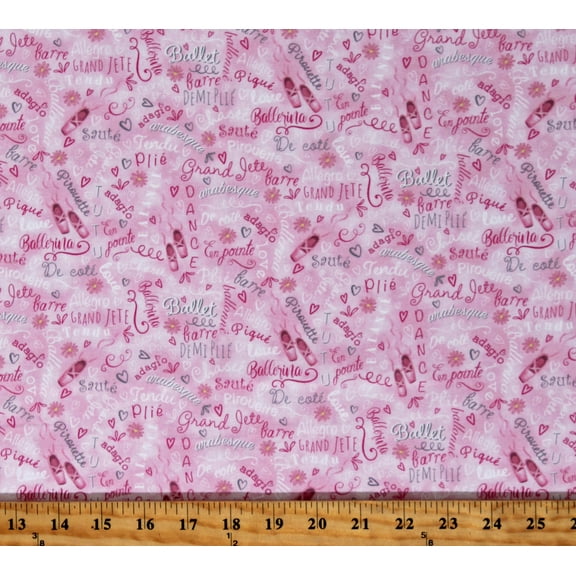 Cotton Ballet Slippers and Words Ballerinas Ballet Bunnies Pink Cotton Fabric Print by the Yard (KIDZ-CD2249-PINK)