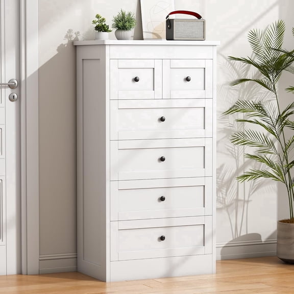 Lukstr 43.3" Tall Dresser for Bedroom, White Wood 6 Drawer Dresser with Video Assembly Guide, Anti-Tip Kit, Storage Organizer