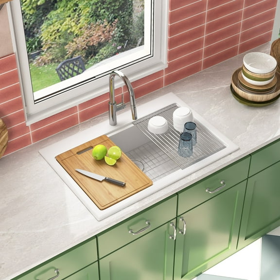 33 in. L White Fireclay Rectangular Single Bowl Drop-in Workstation Kitchen Sink with Cutting Board, Grid, Strainer