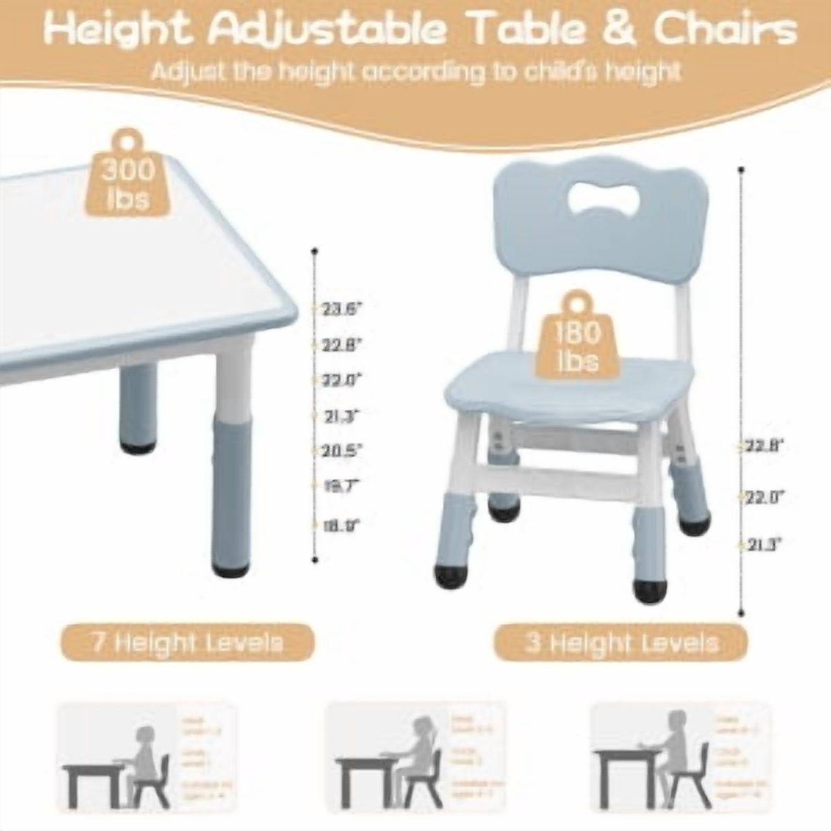 Kids Table & 2 Chair Set,Square Table and Chairs Set,Height Adjustable Toddler Table with Graffiti Desktop,Children Multi-Activity Table for 2,Kids Furniture for Ages 2-8