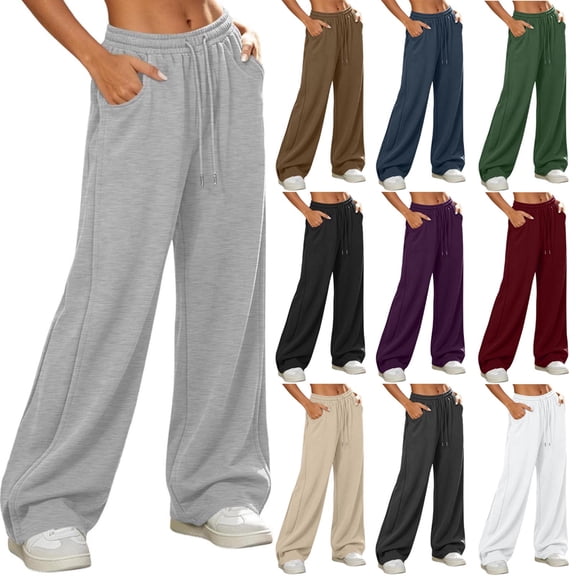 Kojanyu Women's Drawstring Wide Leg Running Sweatpants Trendy Fall and Winter Outfits Loose Casual Lounge Trousers with Side Pockets