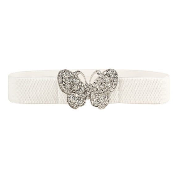 Butterfly Buckle Elastic Belt,Diamond Waistband,Jeans Dress Fashion Accessories,Sparkling Rhinestone Butterfly Buckle With Elastic Stretchable Waist Design,Fashion Waist Belt For Jeans Dress,White