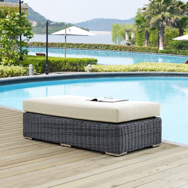 Modway Summon Wicker Rattan Outdoor Patio Furniture Sunbrella® Fabric Rectangle Ottoman in Canvas Antique Beige