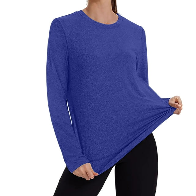 Wyobmus Chandails Athlétiques à Manches Longues pour Femmes Upf 50+ Protection Solaire Chandails de Randonnée Séchage Rapide Col en V Hauts de Course Entraînement Maillot Dermoprotecteur A-Bleu Foncé