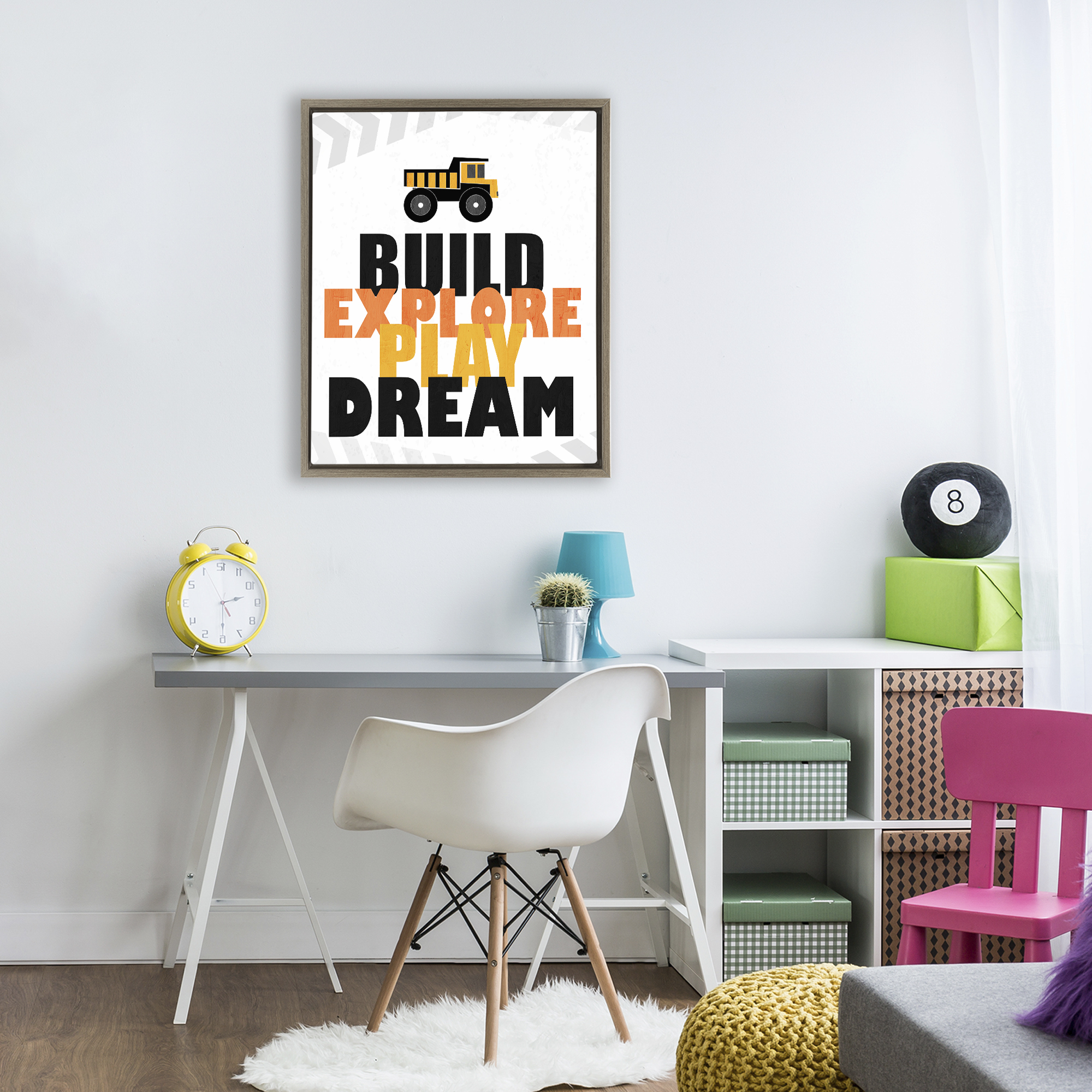 Build Explore Play Dream Brown Framed Floater Canvas Wall Art, design by Kim Allen